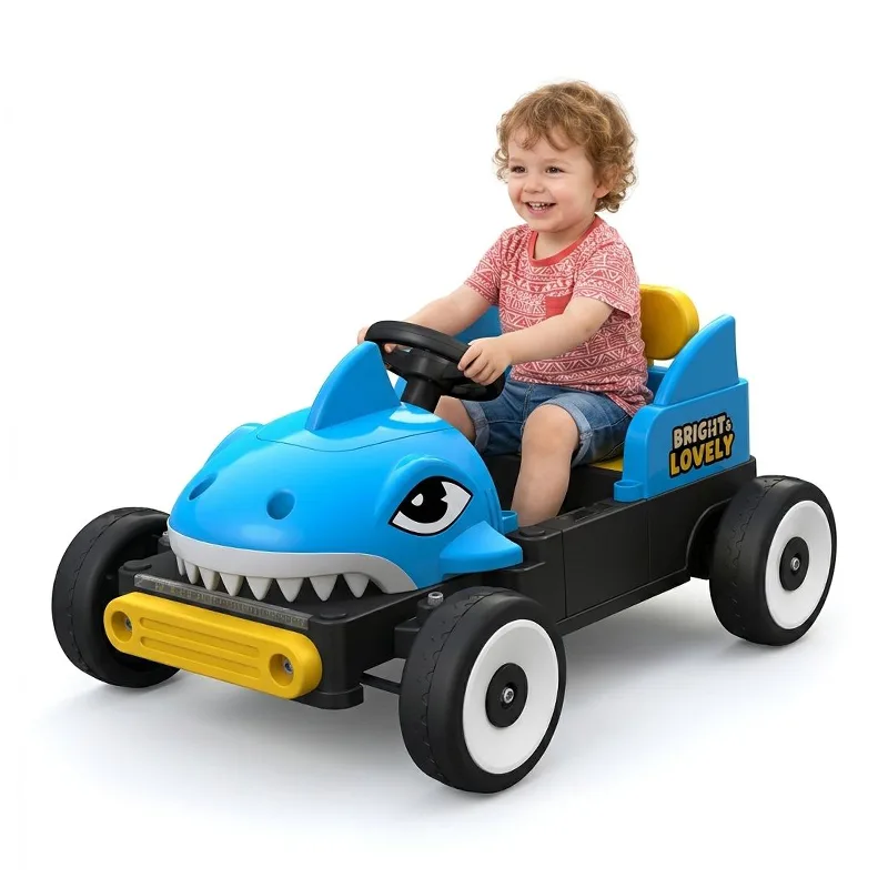 Nouveau Tête de requin alimentée par batterie 12V, 4 roues pour enfants, voiture